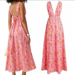 J.Crew Plunge Neck Beach Midi Pink Limone Print 100 Cotton Dress NWT- Size Large